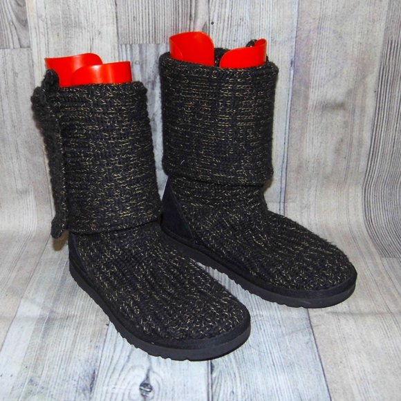 UGG Classic Cardy Black/Gold Knit/Sheepskin(Footbeds) Boots Womens Size 7 - Picture 2 of 9